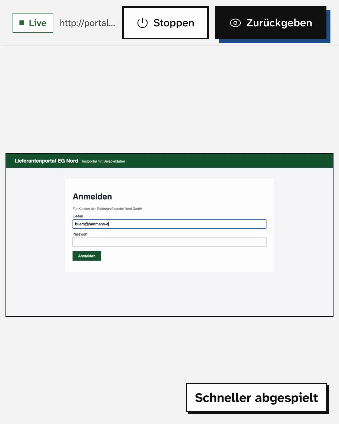Zyx soll eine Rechnung aus einem Beispielportal holen. Es öffnet das Portal in seinem Browser, die Person übernimmt mit Steuern, meldet sich selbst an und gibt zurück. Danach macht Zyx weiter.